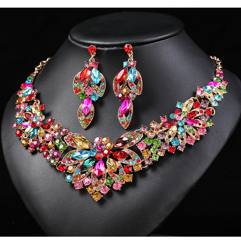 Advanced design retro necklace earring set leaf Multicolored flowers luxurious crystal jewelry bride's wedding dress accessories