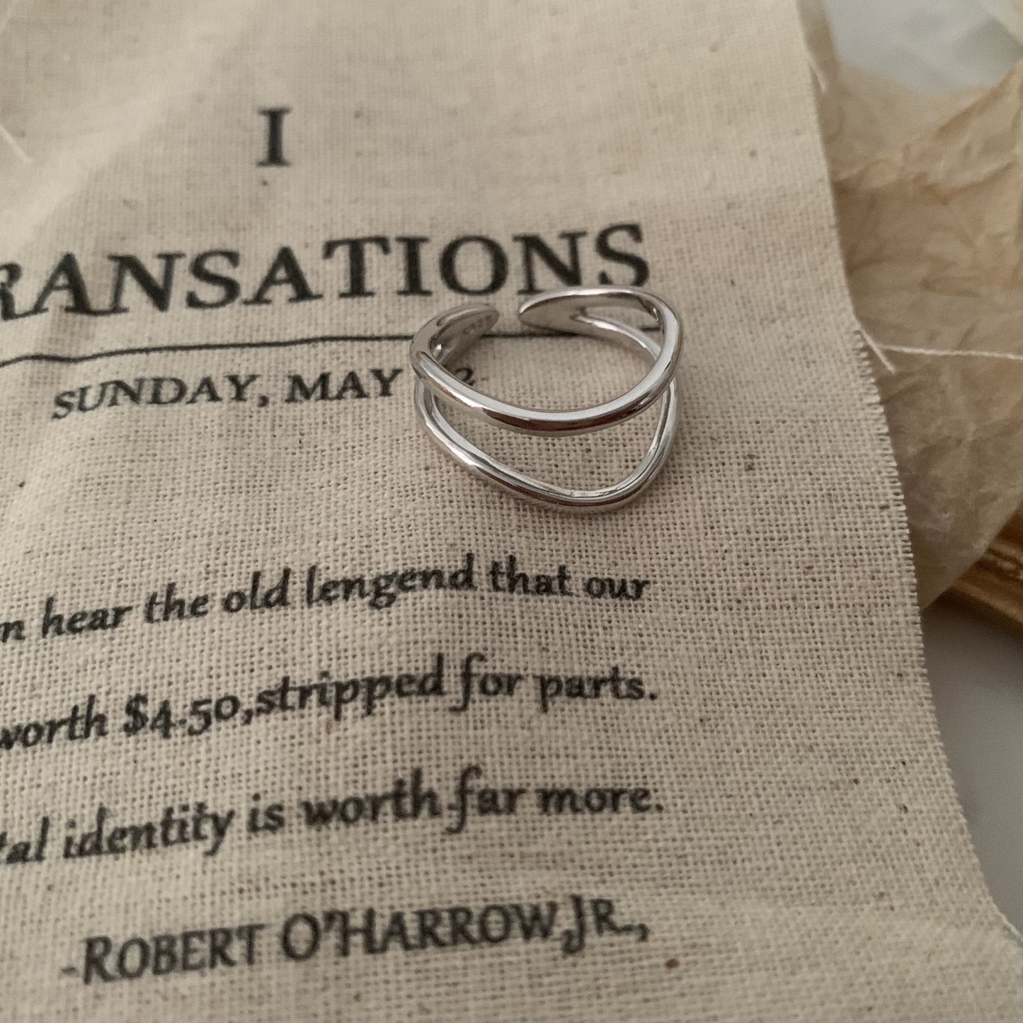 925 Sterling Silver Corrugated Curved Surface Fashion Double Layer Female Ring