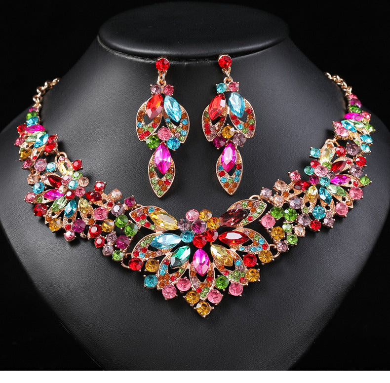 Advanced design retro necklace earring set leaf Multicolored flowers luxurious crystal jewelry bride's wedding dress accessories