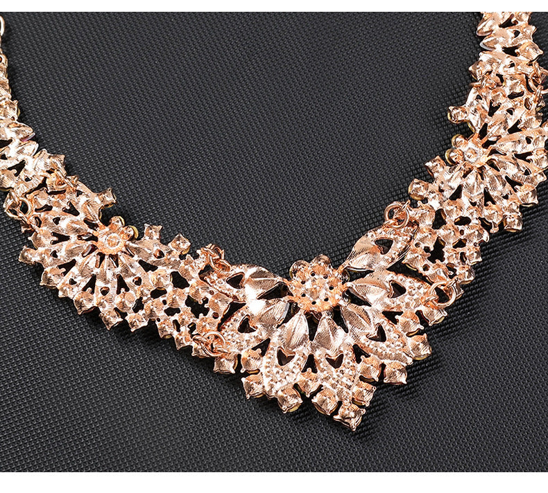 Advanced design retro necklace earring set leaf Multicolored flowers luxurious crystal jewelry bride's wedding dress accessories
