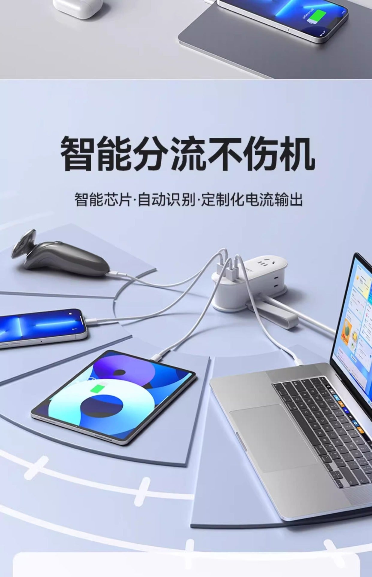 65W GaN Fast Charging Power Strip 7-in-1 Multi USB-A/C Port for Phone Laptop with Overcharge Protection Portable Travel Adapter