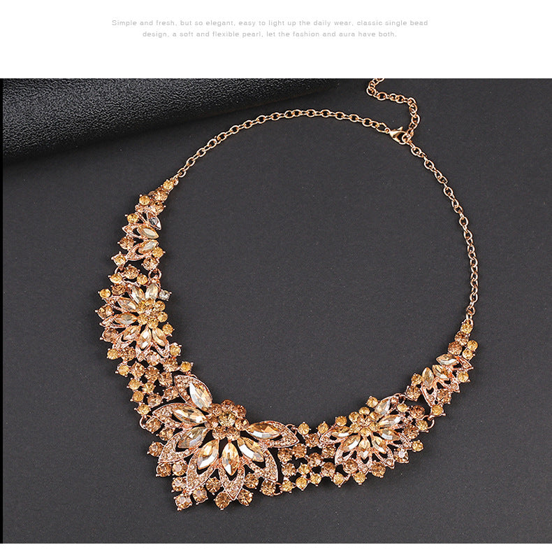 Advanced design retro necklace earring set leaf Multicolored flowers luxurious crystal jewelry bride's wedding dress accessories