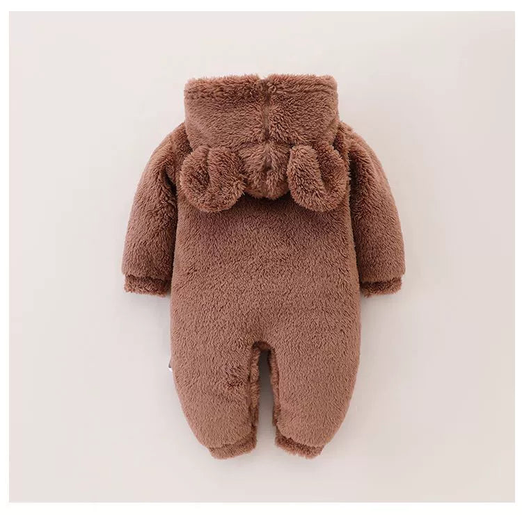 Baby Fur Fleece-Lined Jumpsuit Winter Thicken Thermal Male and Female Baby Clothes Outwear Hooded Romper Jumpsuit