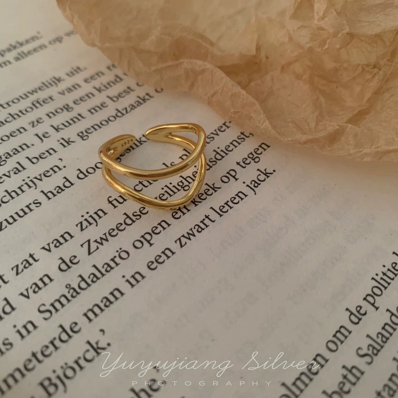 925 Sterling Silver Corrugated Curved Surface Fashion Double Layer Female Ring