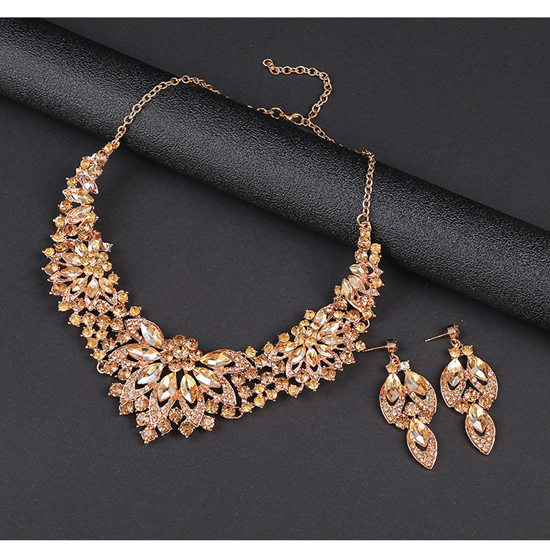 Advanced design retro necklace earring set leaf Multicolored flowers luxurious crystal jewelry bride's wedding dress accessories