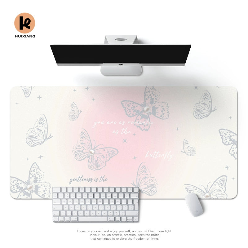 Butterfly Cut out Oversized Mouse Pad Leather Office Desk Mat for Girls Classy Computer Keyboard Accessory