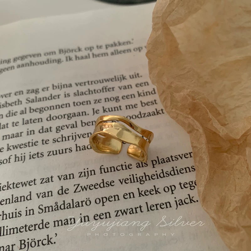 925 Sterling Silver Corrugated Curved Surface Fashion Double Layer Female Ring