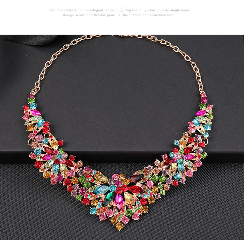 Advanced design retro necklace earring set leaf Multicolored flowers luxurious crystal jewelry bride's wedding dress accessories