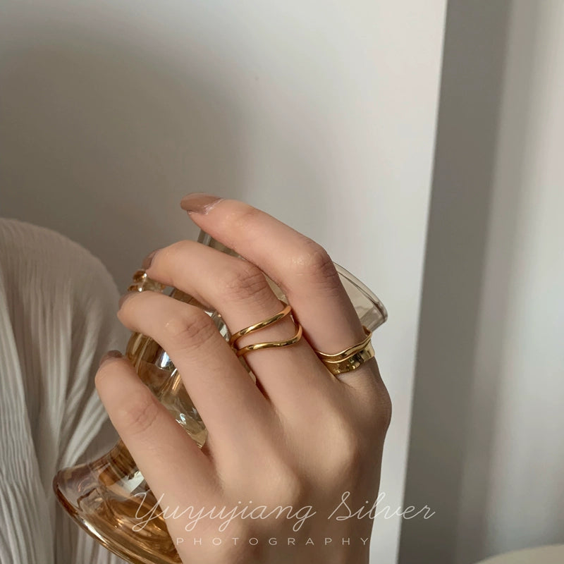 925 Sterling Silver Corrugated Curved Surface Fashion Double Layer Female Ring