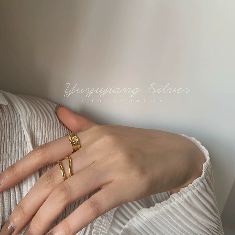 925 Sterling Silver Corrugated Curved Surface Fashion Double Layer Female Ring