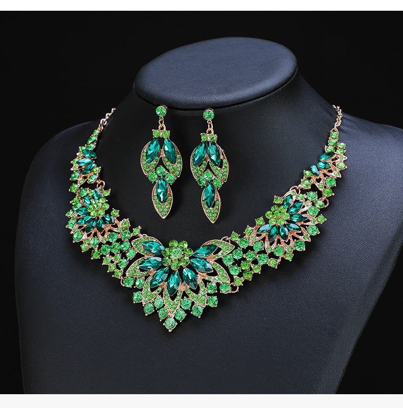 Advanced design retro necklace earring set leaf Multicolored flowers luxurious crystal jewelry bride's wedding dress accessories