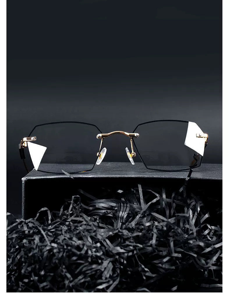 Frameless Business Color-Changing Reading Glasses Men Middle-Aged and Elderly HD Anti-Blue Ray Radiation Indoor and Outdoor Dual-Use Presbyopic Glasses