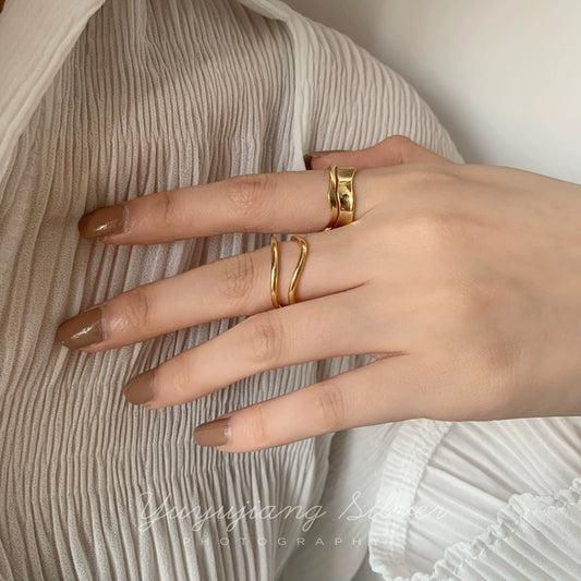 925 Sterling Silver Corrugated Curved Surface Fashion Double Layer Female Ring