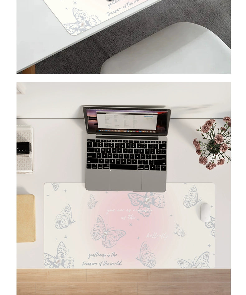 Butterfly Cut out Oversized Mouse Pad Leather Office Desk Mat for Girls Classy Computer Keyboard Accessory