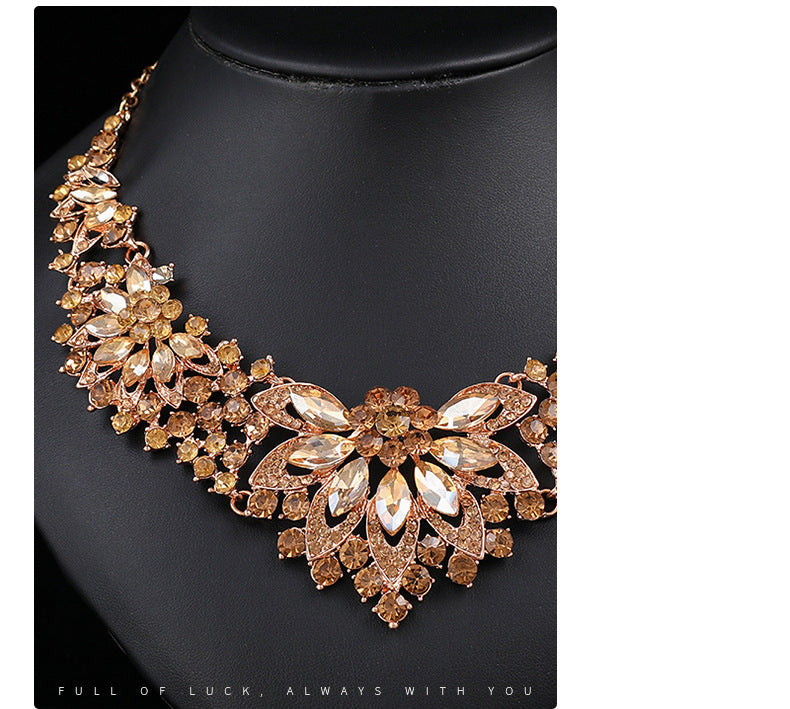 Advanced design retro necklace earring set leaf Multicolored flowers luxurious crystal jewelry bride's wedding dress accessories
