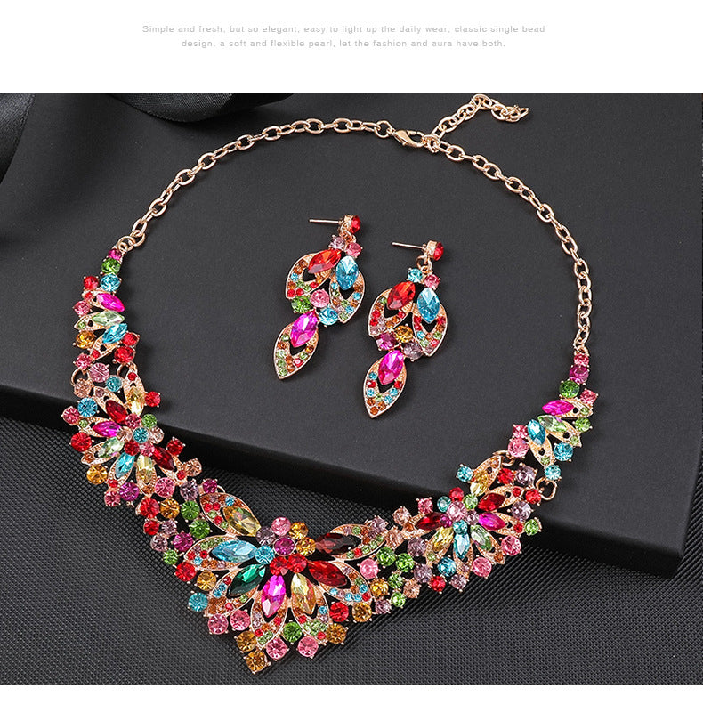 Advanced design retro necklace earring set leaf Multicolored flowers luxurious crystal jewelry bride's wedding dress accessories