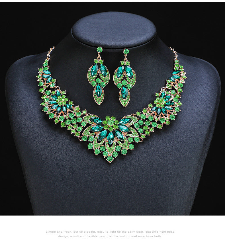 Advanced design retro necklace earring set leaf Multicolored flowers luxurious crystal jewelry bride's wedding dress accessories