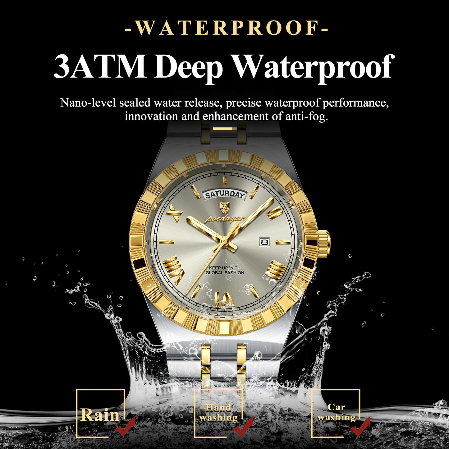 POEDAGAR Original Male Watch Luminous Waterproof Week Date Men Wristwatch Stainless Steel Business Quartz Men's Watches Gift+Box