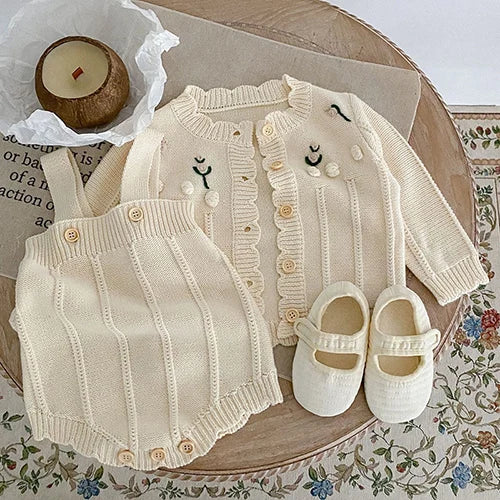 Autumn Winter Newborn Baby Girls Knitting Clothing Set Floral Embroidery Cardigan+Jumpsuit Infant Baby Knitted Clothes Suit