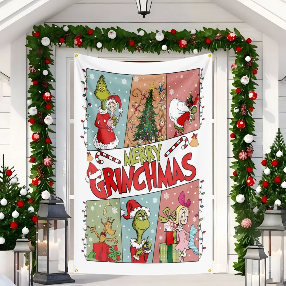 New Christmas Door hanging Green Haired Monster Christmas Flag Red Green Yard Outdoor Decoration Party Scene Decor