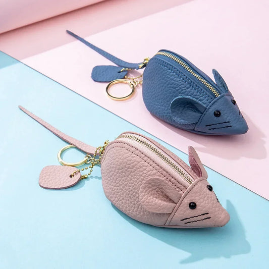 Women's Leather Mini Coin Pouch - Cute Mouse Keyring Lipstick Clutch Bag with Pendant Charm for Gift Essentials