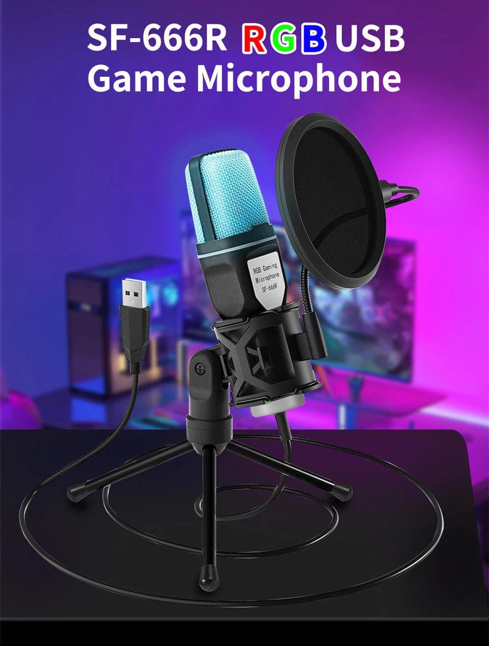 USB Microphone RGB Microfone Condensador Wire Gaming Mic for Podcast Recording Studio Streaming Laptop Desktop PC