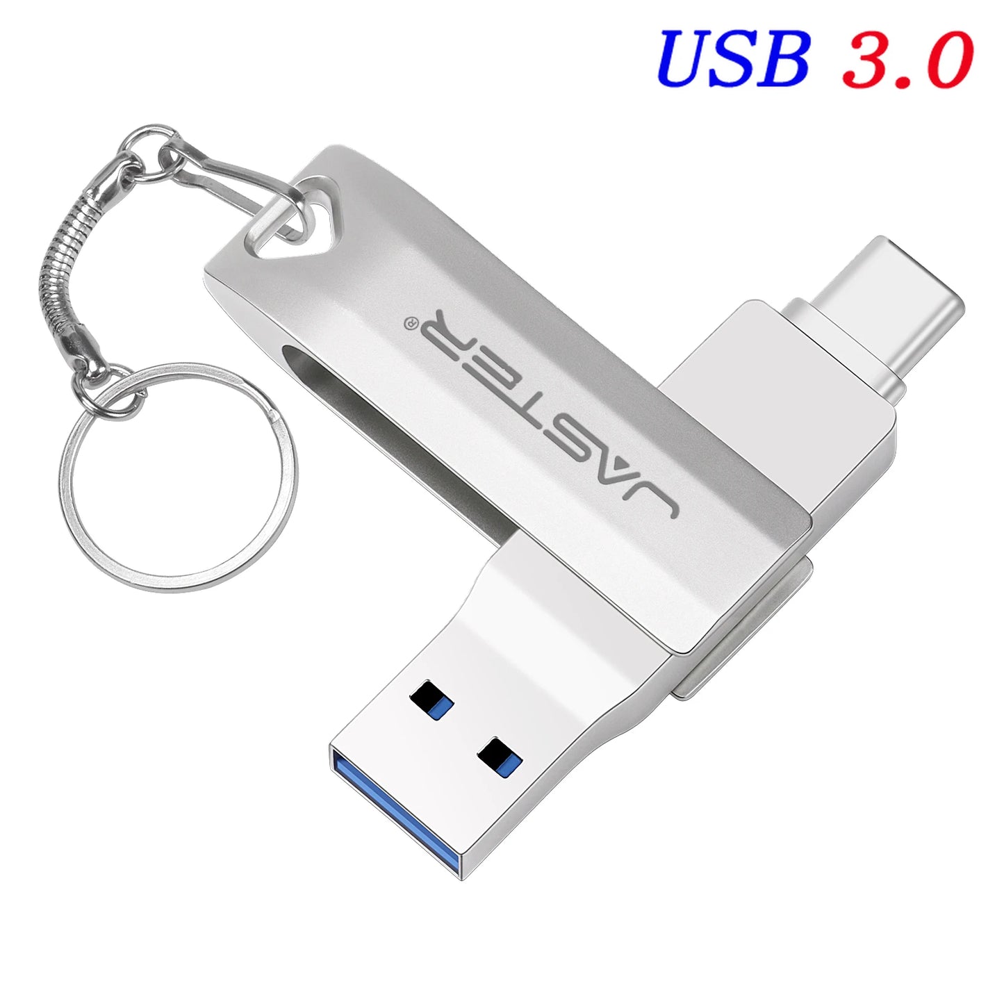 JASTER Silver Metal USB 3.0 Flash Drive 256GB TYPE-C 2 in 1 Memory Stick 128GB High Speed Pen Drive 64GB Rotatable U Disk 16GB