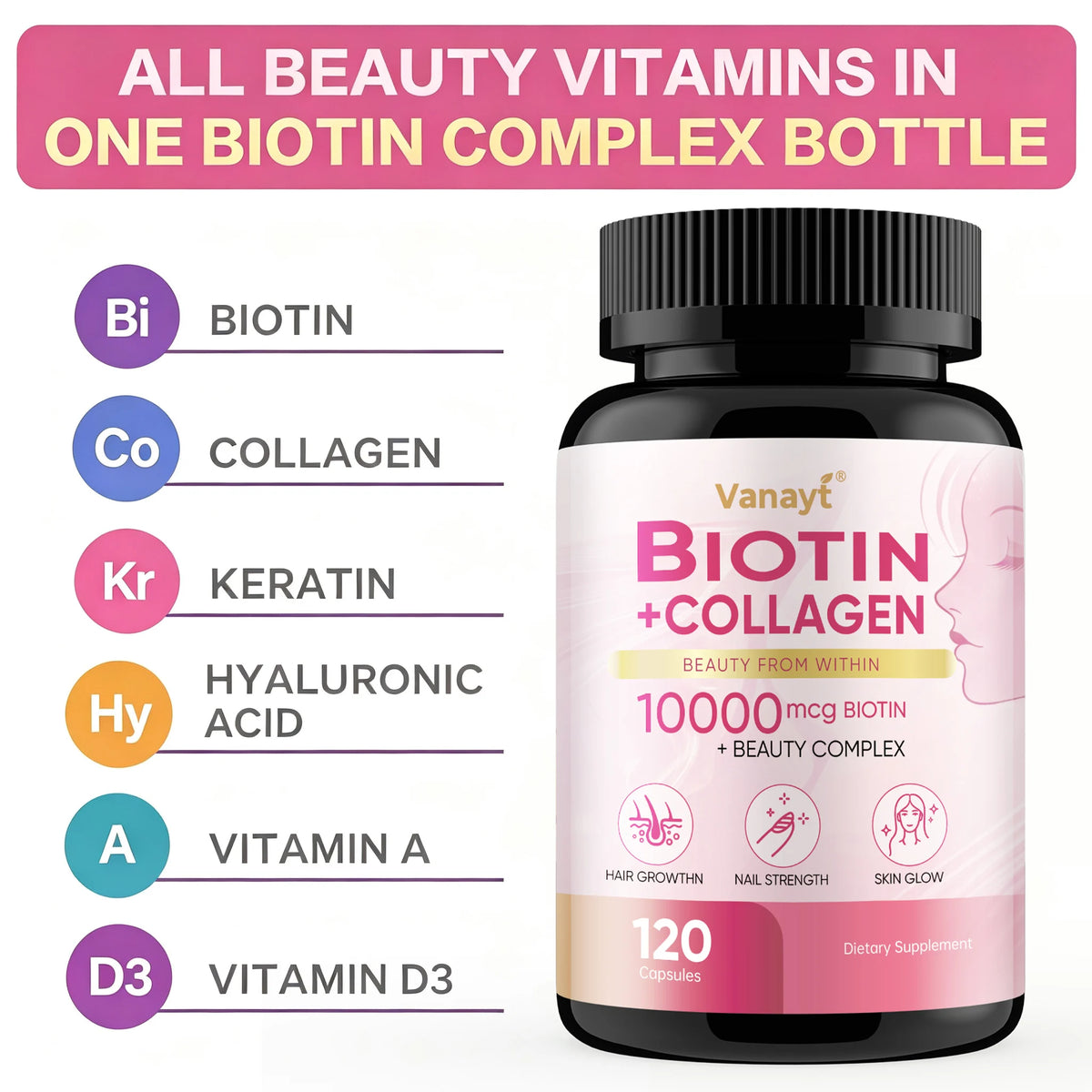 Biotin Collagen - Nourishes The Skin, Slows Down Aging, Promotes Healthy Hair, Strong Nails, and Improves Intestinal Digestion 120 Capsules
