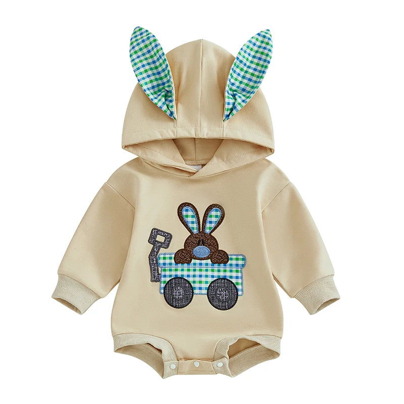 0-18M Newborn Baby Boys Easter Hooded Romper Long Sleeve Bunny Carrot Embrolidery Casual Jumpsuit