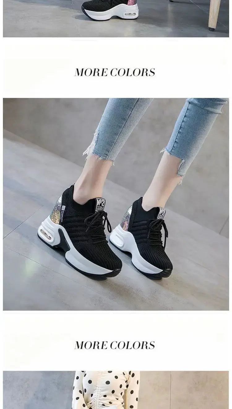 2025 Women's Sneakers Spring Sequined Casual Shoes Woman Platform Heels Wedges Height Increasing Knitted Ladies Vulcanized Shoes