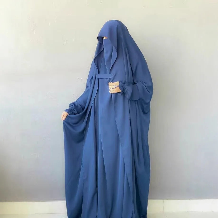 Muslim Abaya Hooded Smocking Sleeve One-piece Prayer Dress Women Jilbab Islamic Clothing Dubai Saudi Black Robe Turkish Modesty