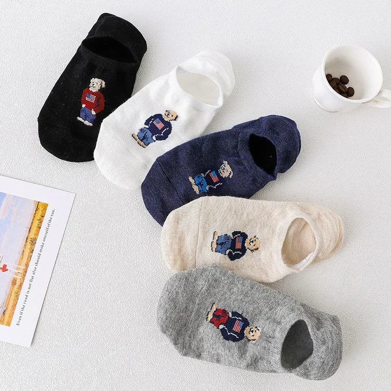 5 Pairs Unisex Men Socks 5 Colors Summer New Cartoon Bear Cotton Boat Socks Light Comfortable Sweat-absorbent Invisible Socks