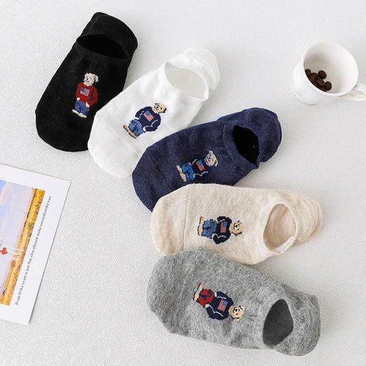 5 Pairs Unisex Men Socks 5 Colors Summer New Cartoon Bear Cotton Boat Socks Light Comfortable Sweat-absorbent Invisible Socks
