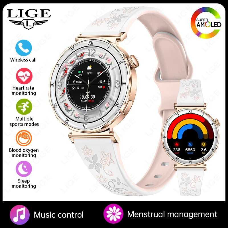 LIGE 1.19"Ultra-Slim AMOLED HD Display Fitness Tracker Smartwatch Bluetooth Call Heart Rate Monitor Waterproof Smart Watch Women