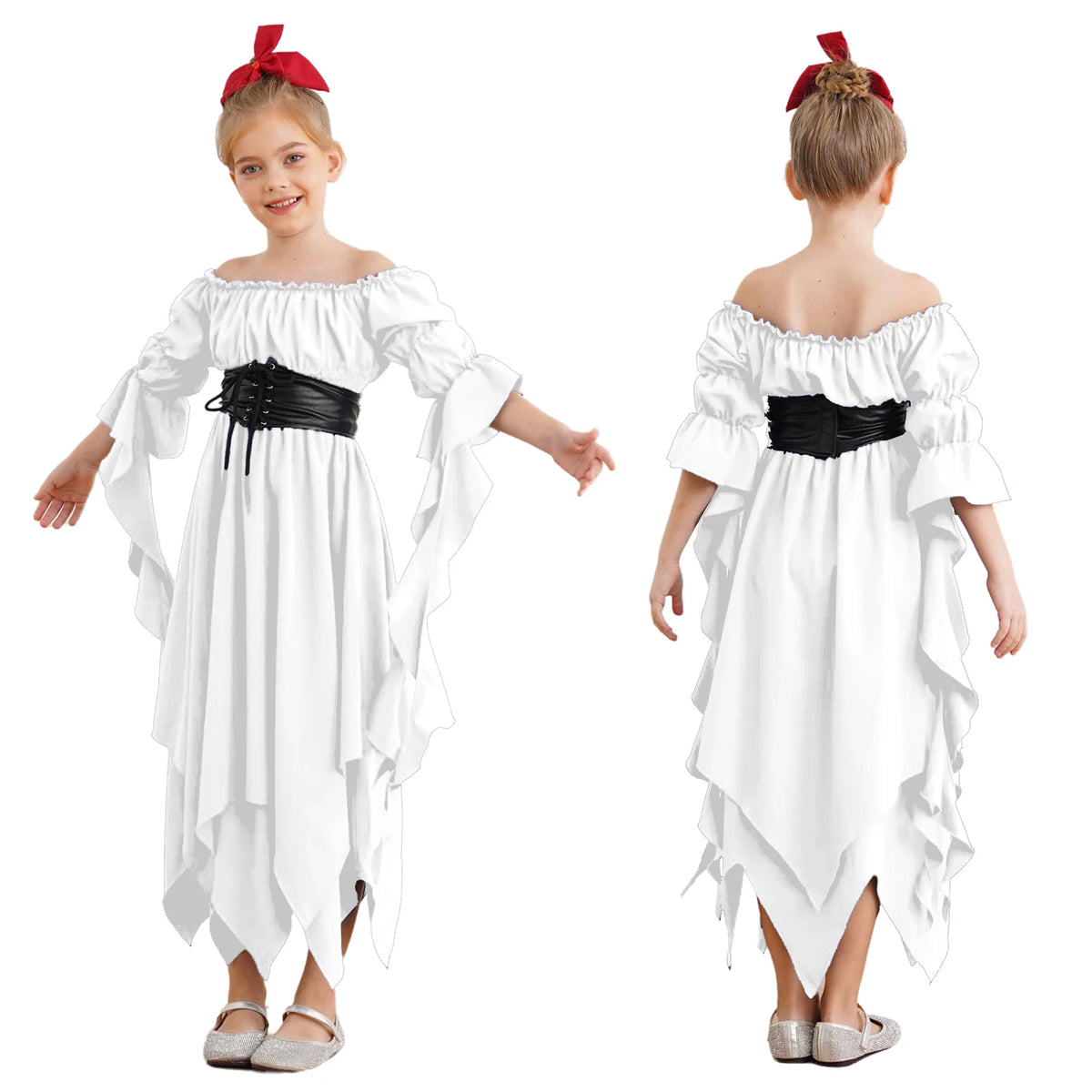 Girls Halloween Medieval Renaissance Witch Vampire Cosplay Costume Victorian Gothic Dress Off Shoulder Smocked Irregular Gown