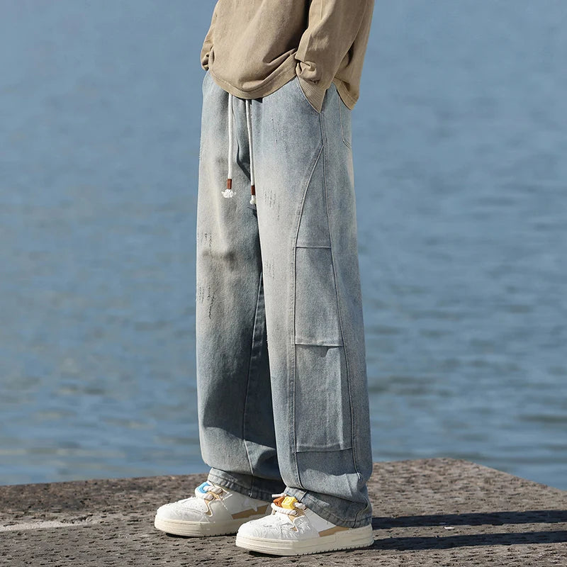 Jeans men's American high street vintage washed crease splicing men's spring and fall models loose straight pants