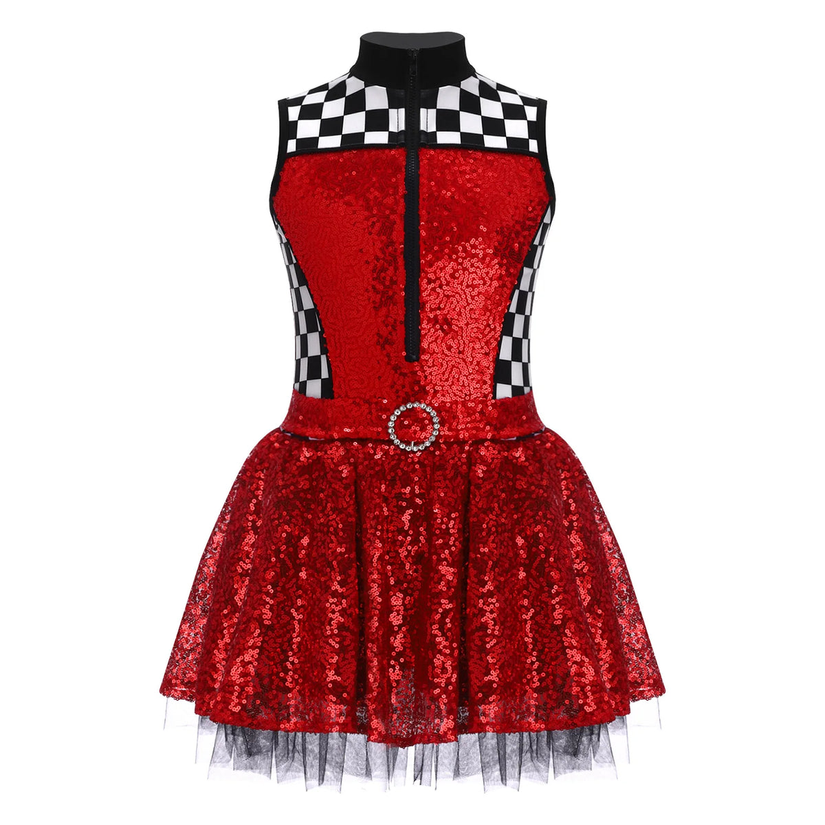Kids Girls Checkerboard Racer Costume Halloween Car Driver Cosplay Leotard Dress with Tulle Skirt Themed Party Driving Roleplay