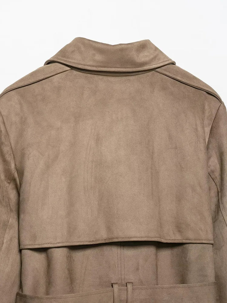 Women Fashion With Belt Faux Suede Trench Coat Long Sleeve Double-breasted Female Outerwear Chic Tops