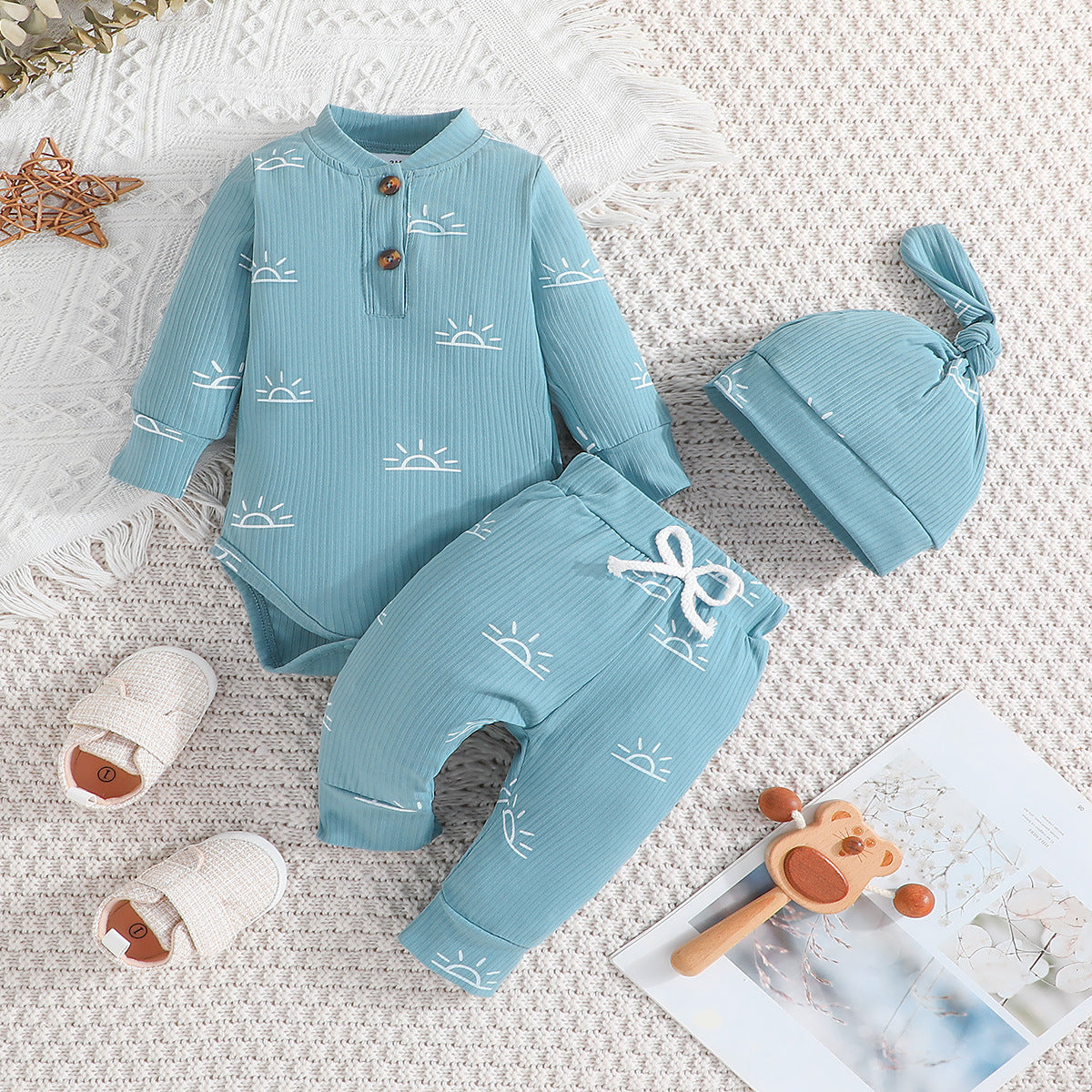 3PCS Baby Boys Clothes Set Spring Autumn Knitted V-neck Romper+infant Pants+hat Newborn Outfits , Newborn Clothing 0-18M