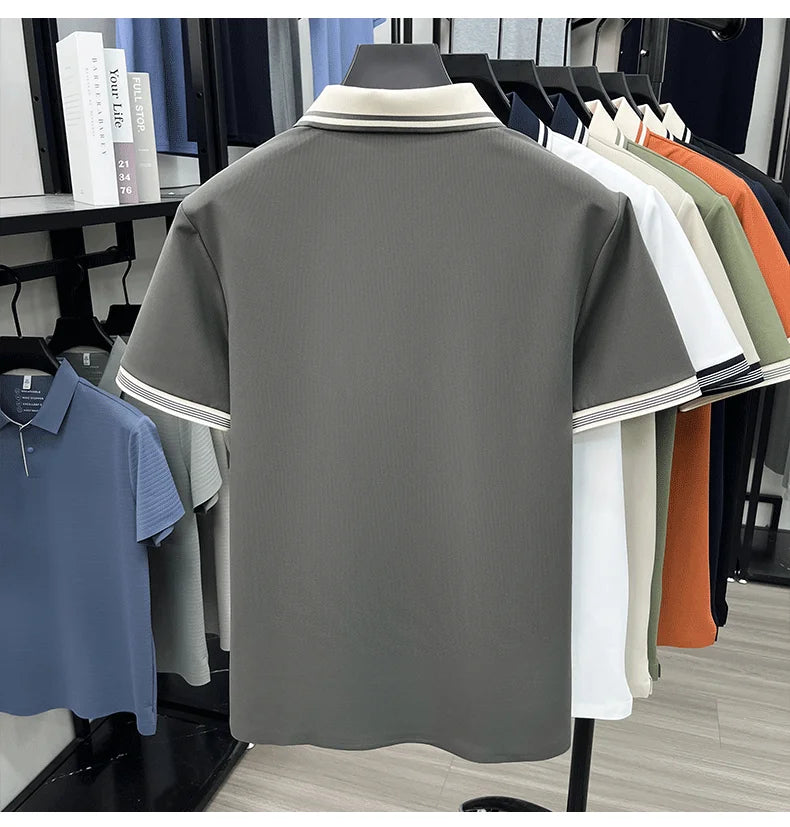 Light luxury summer new short sleeve polo shirt silky breathable high-end men's fashion personalized color blocked lapel T-shirt