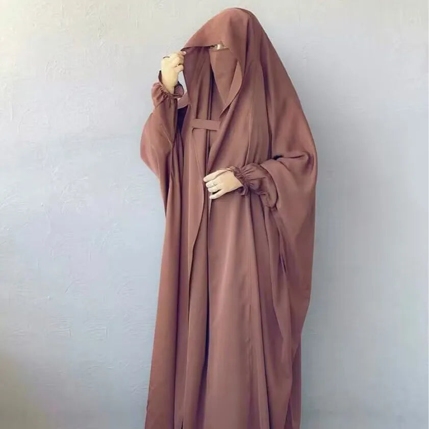 Muslim Abaya Hooded Smocking Sleeve One-piece Prayer Dress Women Jilbab Islamic Clothing Dubai Saudi Black Robe Turkish Modesty