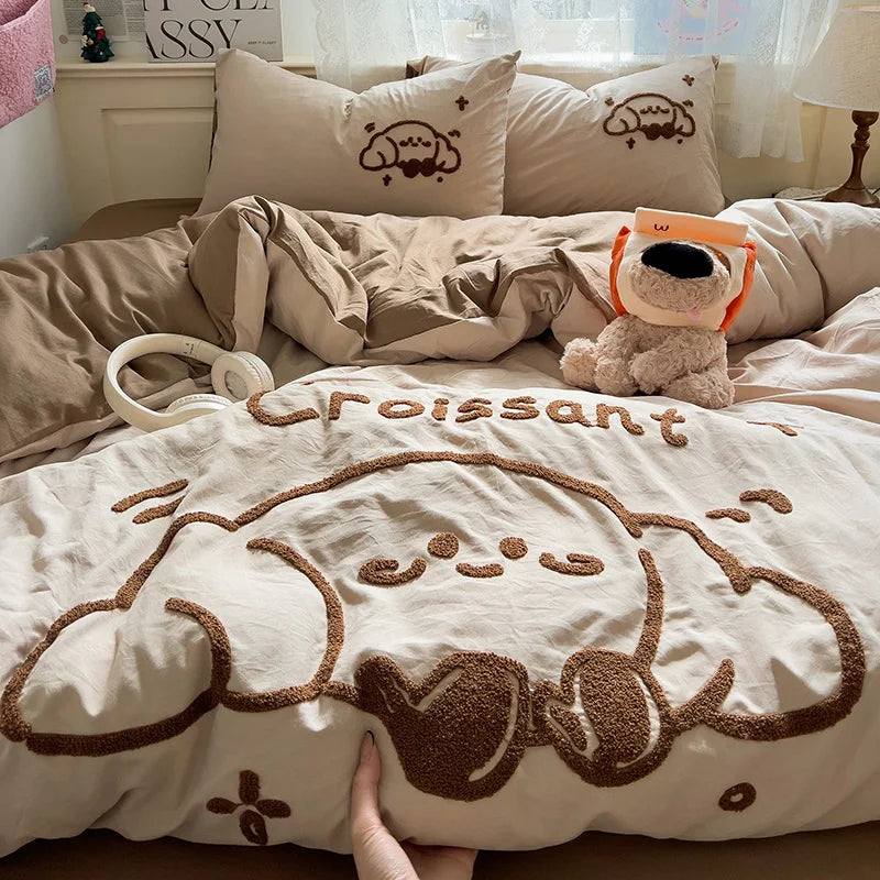 Cartoon Animal Embroidery Bedding Set For Adults Kids Cute Flat Fitted Sheet With Pillowcases Washed Cotton Colorful Full Size