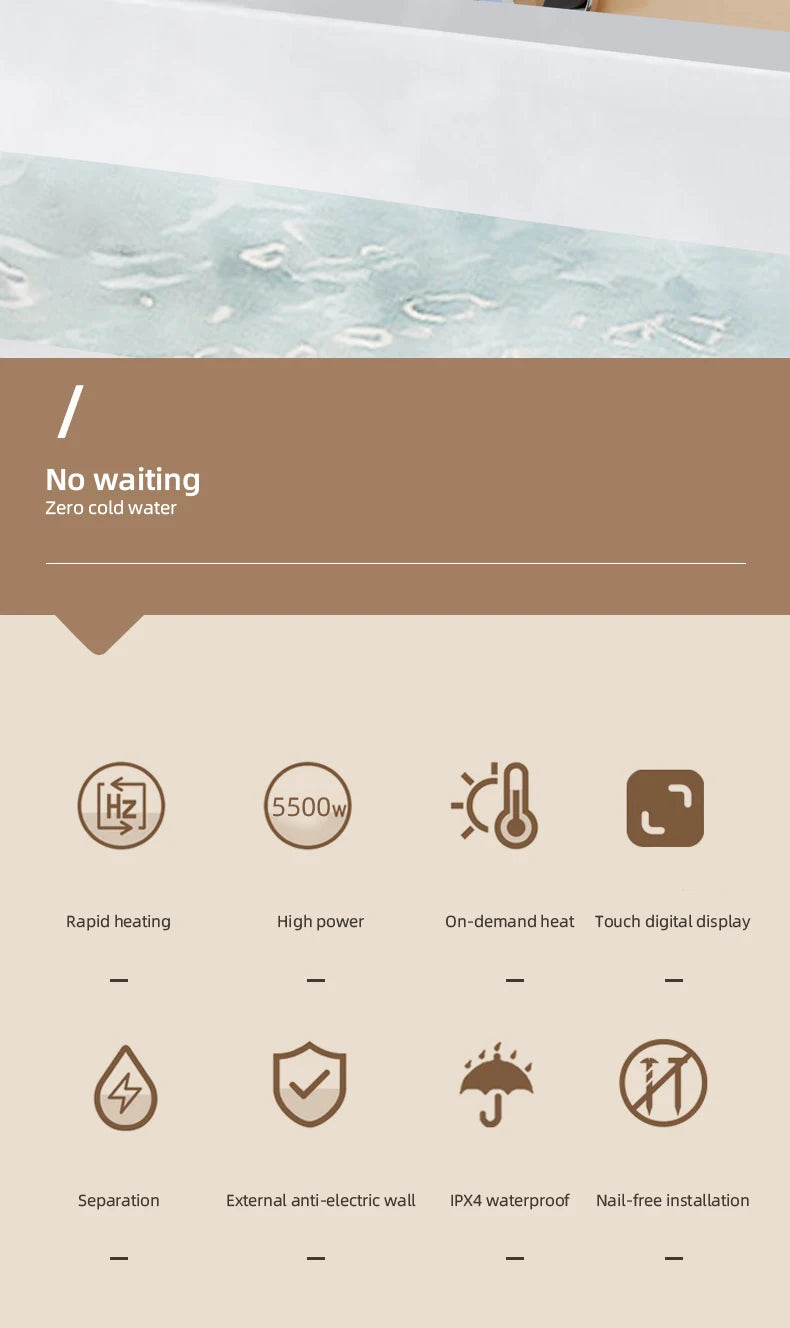 5500W Instant Water Heater 220V Smart Wall Mounted Electric Shower Tankless Instant Water Heater Thermostat for Bathroom Kitchen