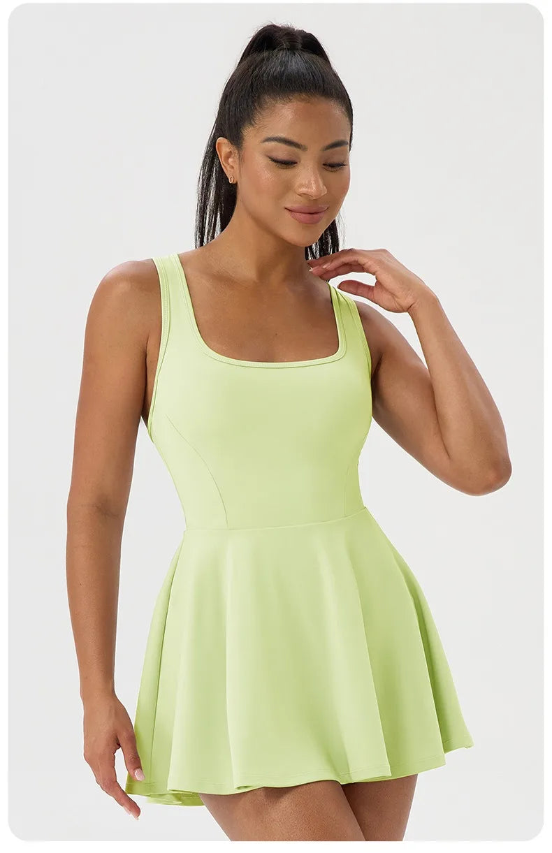 Women Summer Tennis Dress Breathable Quick-Dry Workout Dress Outdoor Sports Skirt Gym Yoga Short Dress Casual Athletic Skirt