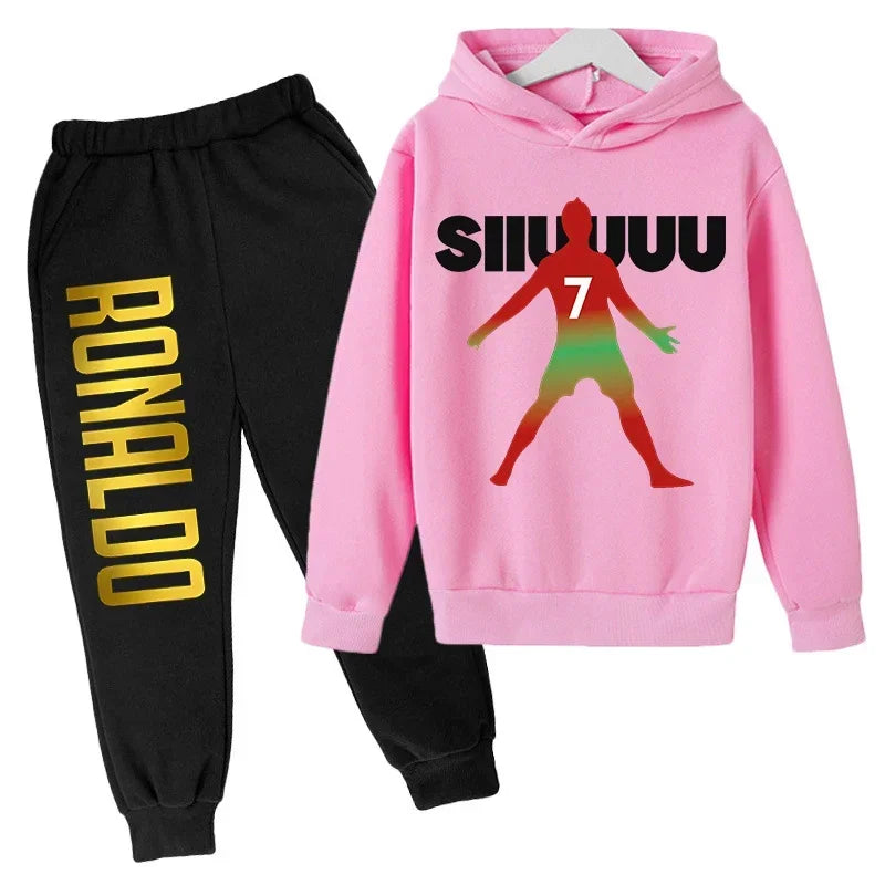 Children's Clothing Children's Sports Suit Spring and Autumn Fleece Hoodie Pants 2-piece Set Ronaldo Printed Kids Clothes Girls