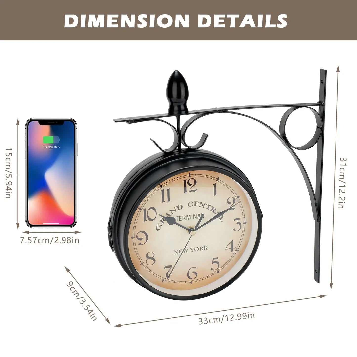 Double Sided Train Station Waterproof Wall Clock For Garden Retro Wrought Iron Metal Wall Clock Silent Indoor Outdoor Decoration