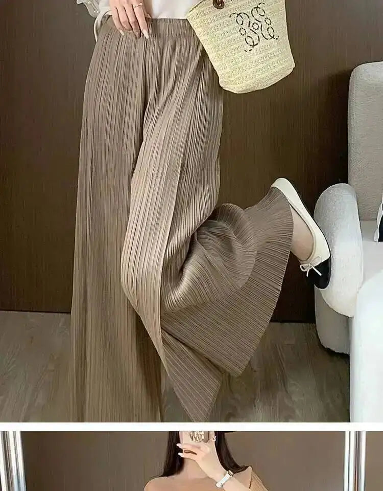 LANMREM patchwork design women's Pleated trousers elastic High Waisted Draped Straight Wide Leg Pants 2025 chic new 2DB3871