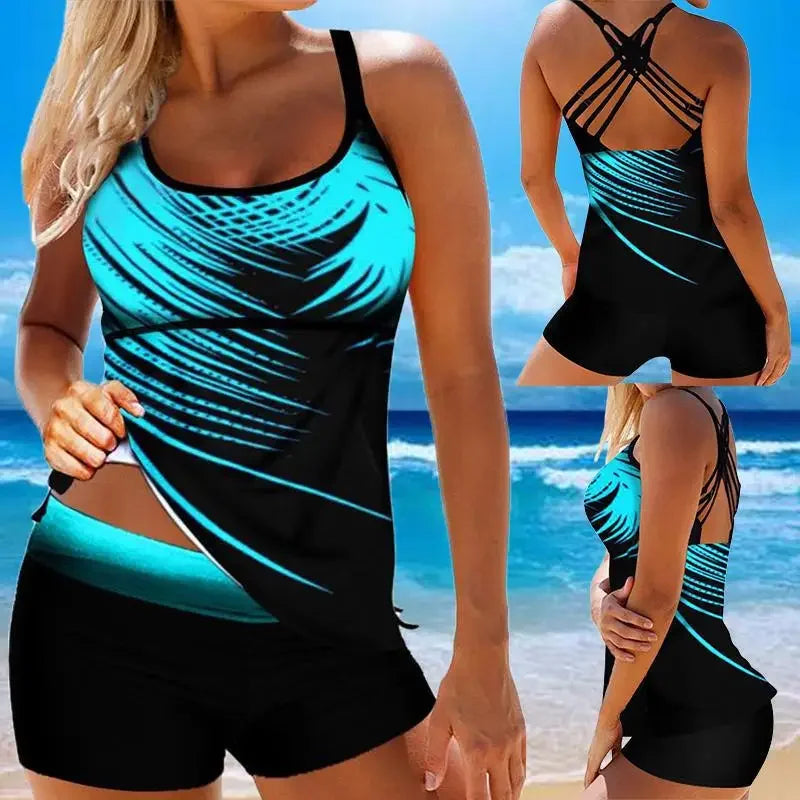 Leaf Printed Swimsuit Women Sexy Strap Cross Backless Plus Size Tankini Set Female Summer Beach 2 Pieces Swimwear Bathing Suit