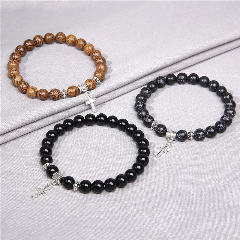 Cross Pendent Stretch Bracelet Natural Grey Map Labradorite Turquois Stone Bead Bracelet Prayer Bangle Men Vintage Jewelry Gift