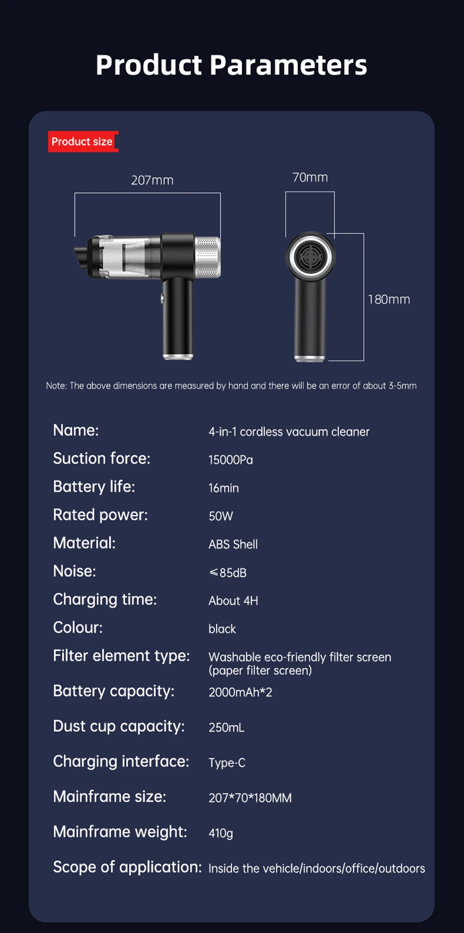 VYVYLABS 15000Pa Strong Suction Car Vacuum Cleaner with Led Lighting Rechargeable Wireless Cleaner Handheld Mini Car Cleaning